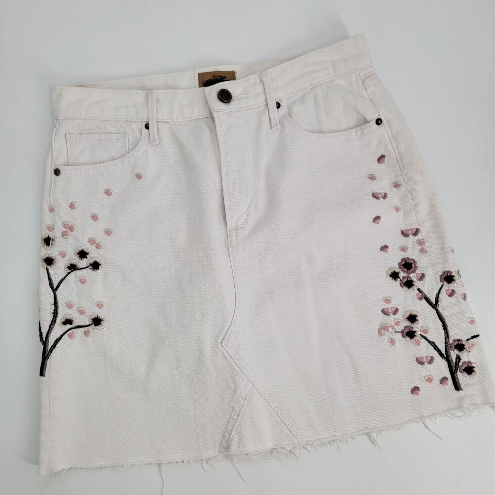 Driftwood Stef Womens 26 White Pink Floral Embroidered Sides Cotton Denim Skirt